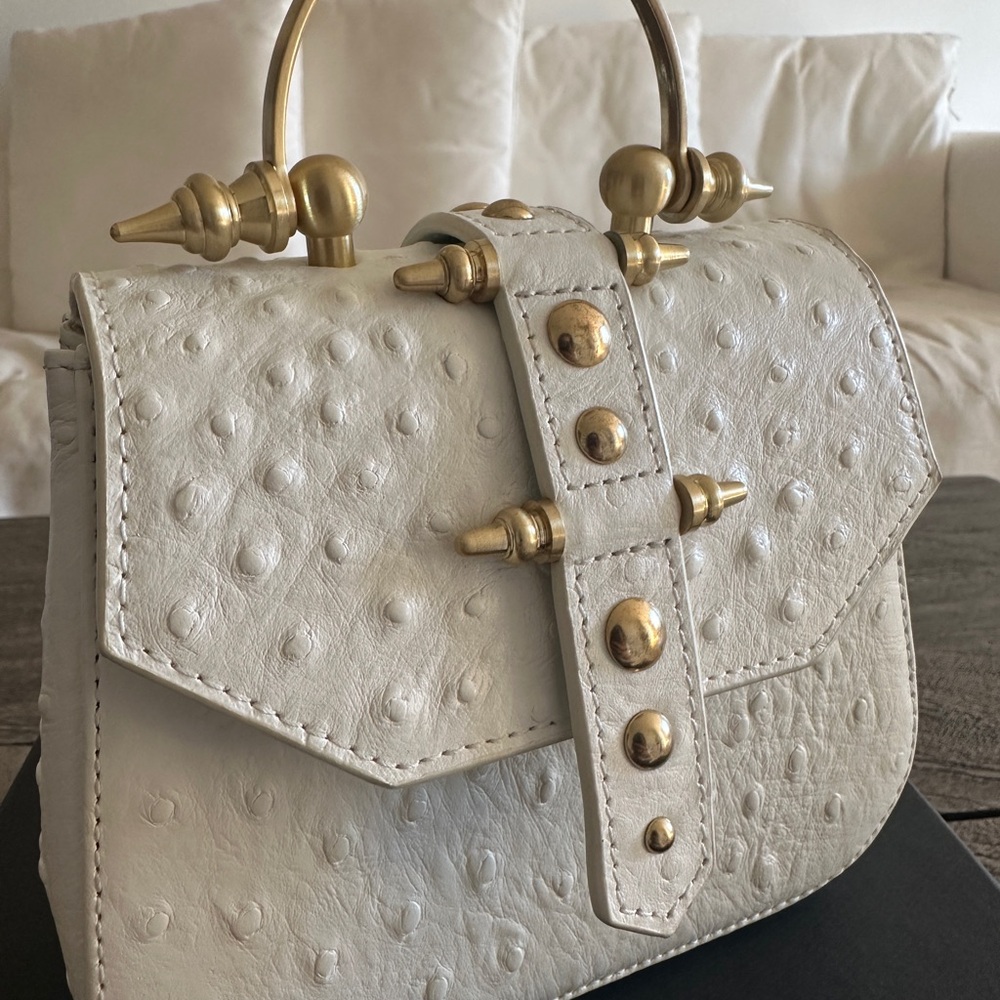 Okhtein Mini Studded White Handbag with Gold Hardware - Picture 2 of 7